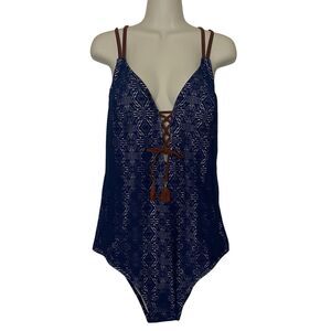 Costa Del Sol by Par Christina Size 2X Crochet One Piece Swimsuit Navy Brown